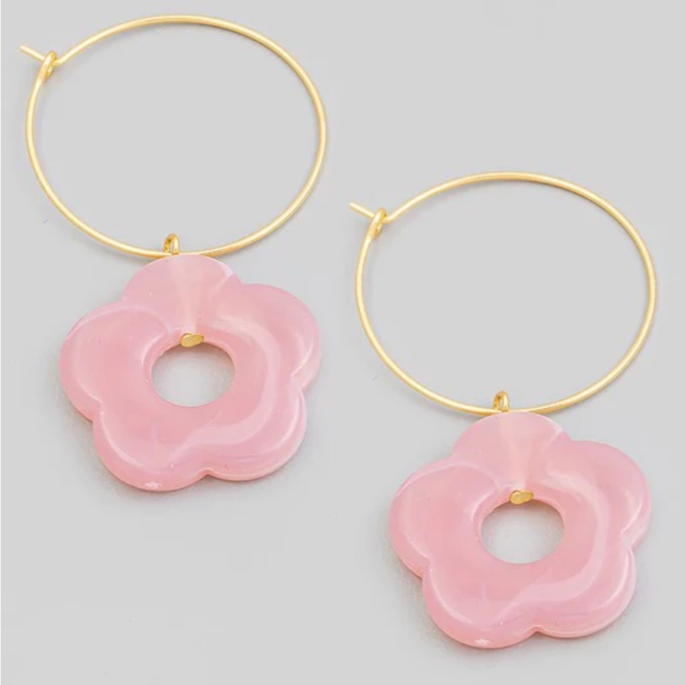 RESIN Pink FLOWER DROP HOOP EARRINGS